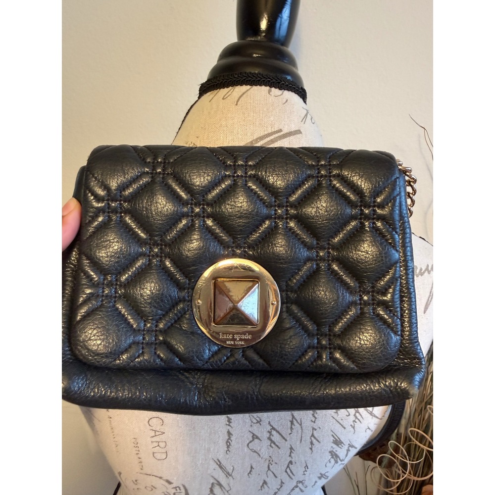 Kate Spade Black Quilted Pebbled Leather Crossbody Bag Gold Turn Lock Hardware